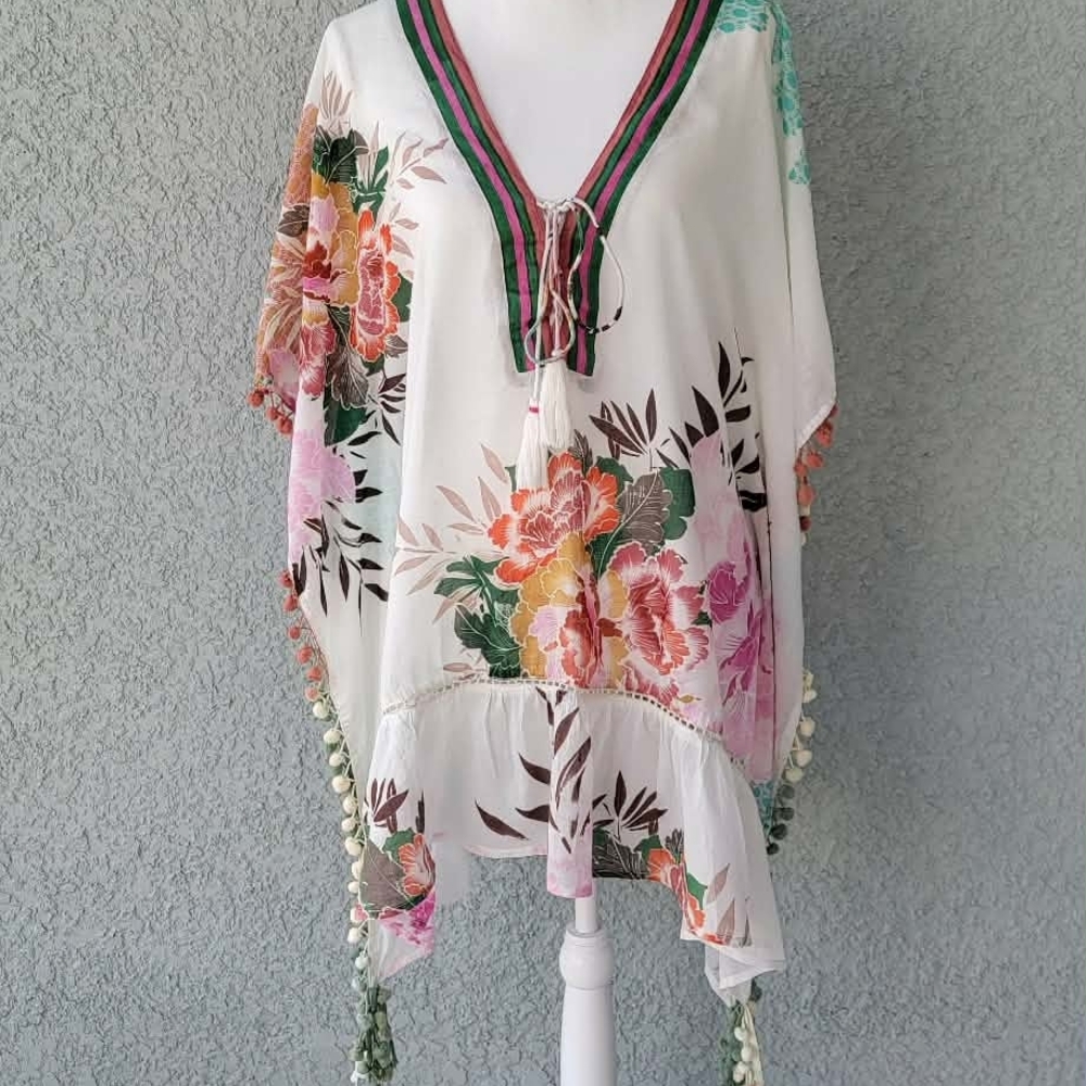 Z&L Made With Love Floral Boho Tunic Top XL | Sheer Cotton Kaftan Blouse Tassel - Picture 2 of 9